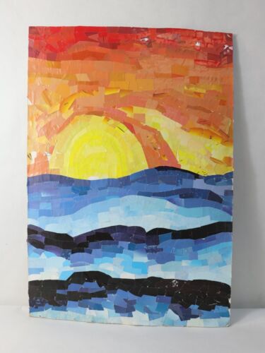 Contemporary Art Collage Painting Landscape Of Sunset & Waves, Signed Painting - Picture 1 of 14