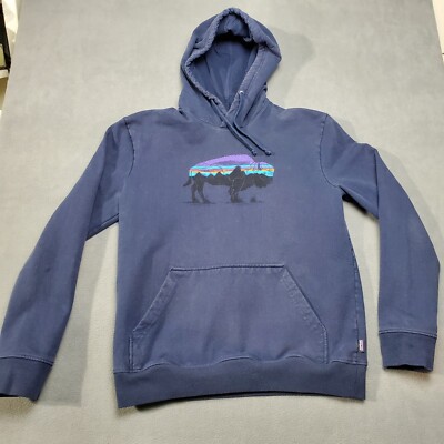 Patagonia Hoodie Mens Medium Blue Uprisal Fitz Roy Bison Fleece Drawstring