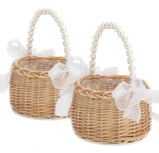 2X Wicker Rattan Flower Girl Basket Wedding Flower Girl Basket with Pearl Handle