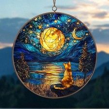 Stained Glass Suncatcher Cat and Moon Window Hanging Decoration Night Sky Home