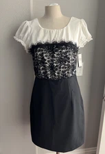 Black Lace Bodice Stretch Cocktail Dress Black & Ivory Babydoll Sleeves Side Zip