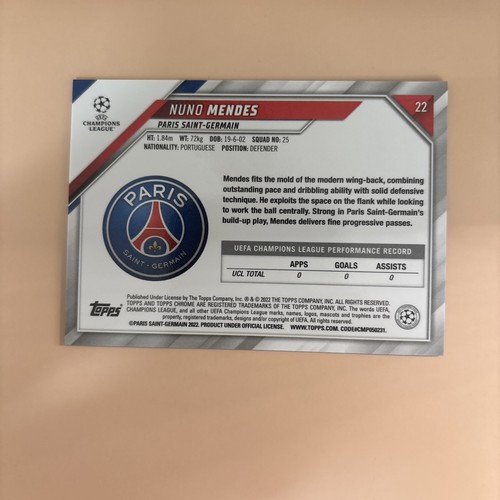 Nuno Mendes 2021-22 Topps UEFA Champions League Rookie RC Speckle Foil #126 PSG - Picture 4 of 4