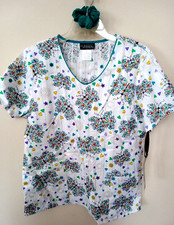 Runway/Cherokee Scrub Top Sz L Pockets Floral Cotton Short Sleeve W/Hair Tie-NWT