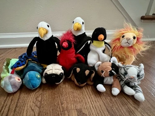 Vintage Ty Beanie Babies Lot of 12 - Birds, Cats, Dogs, Lizards No Tags PVC