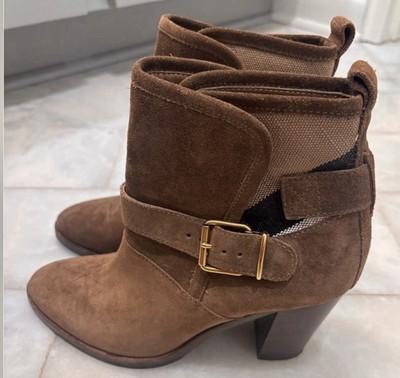Burberry Larina Brown Suede Ankle Boots Buckle Almond Toe Women US 8.5 EU 38.5