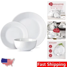 Modern 12pc White Porcelain Dinner Plates & Bowls Set - Durable, Dishwasher Safe