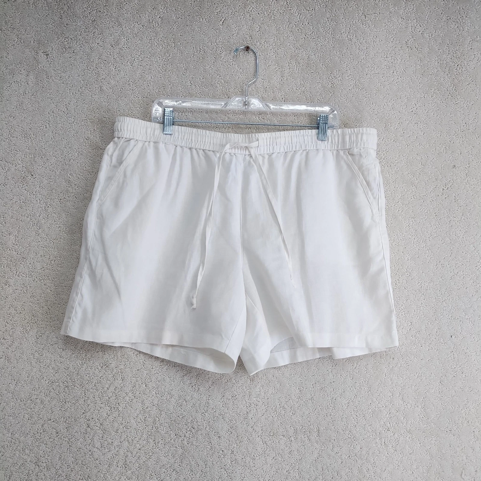 Linen Shorts Womens 38 Waist Elastic Drawstring Pockets White Casual Summer