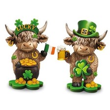 2 Pcs St. Patrick's Day Shamrocks Highland Cow Figurines Leprechaun Irish