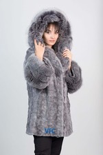 Gray Mink Coat With Gray Fox Fur Hood, Real Fur Coat, Luxury Fur Coat