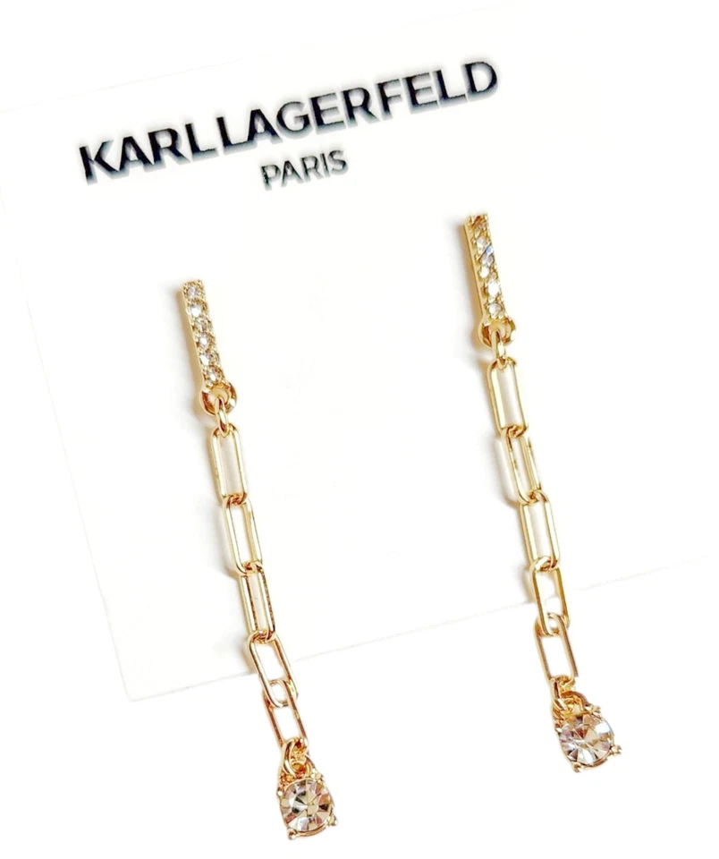 Pendientes Karl Lagerfeld Eslabones de Cadena Cristal Lineal Chapado en Oro Latón Nuevos con Etiquetas Foto 3 de 4