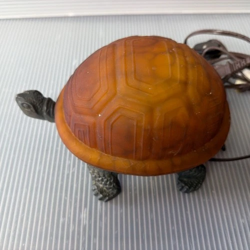 VTG Turtle Lamp with Amber Tiffany Style Glass, Brass Base Tortoise Night Light
