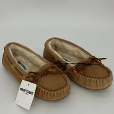New MINNETONKA Moccasin Slippers Womens 6 Brown Beige Cinnamon Suede Faux Fur