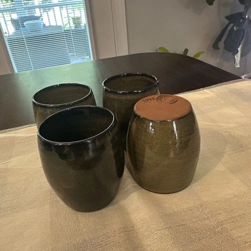 Jugtown Ware Studio Pottery  1992 Greenish Brown Flat Bottom 6 oz Cups Set 4