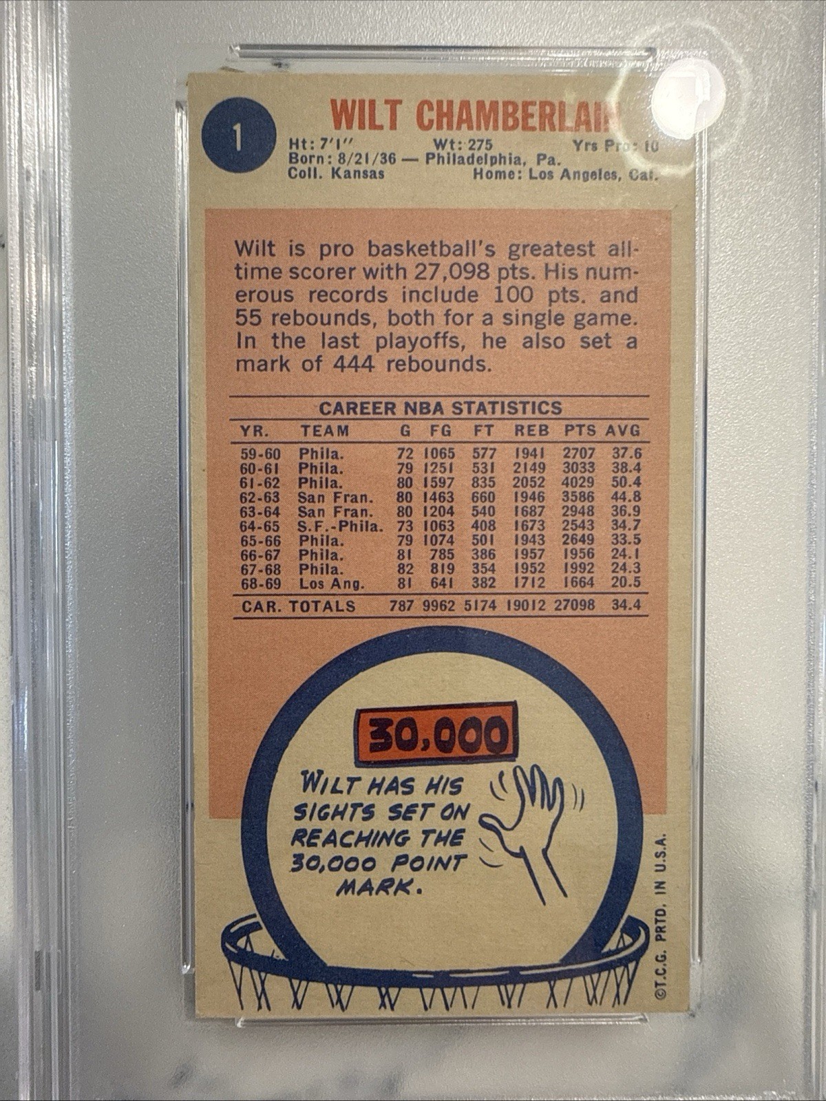 1969 TOPPS BASKETBALL WILT CHAMBERLAIN #1 - PSA 6 view 4