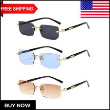Rimless Rectangle Sunglasses UV400 Small Square Shades for Men Women