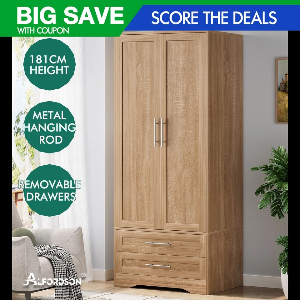 ALFORDSON Wardrobe Clothes Storage Cabinet Organizer Drawer Hanging Rod Wood