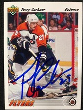 '91-92 UPPER DECK HOCKEY CARD TERRY CARKNER #204 HAND SIGNED W/COA NRMT RANGE CF