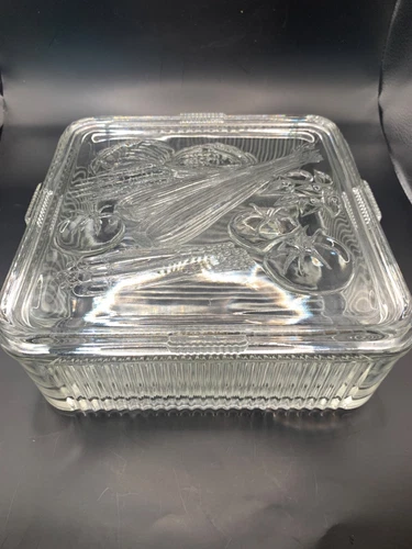 Vintage Federal Glass Refrigerator Dish with Vegetable on Lid