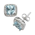 Solid Sterling Silver - 5 ctw. Stunning Square Aquamarine Halo Stud Earrings in