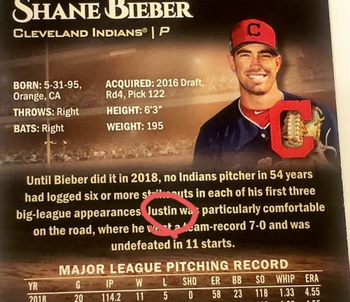 2019 Stadium Club ~ Shane Bieber ~ Error Card ~ "Justin" ~ 2020 AL CY Young - 第 3/4 張圖片