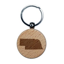 Nebraska State Silhouette Engraved Wood Round Keychain Tag Charm