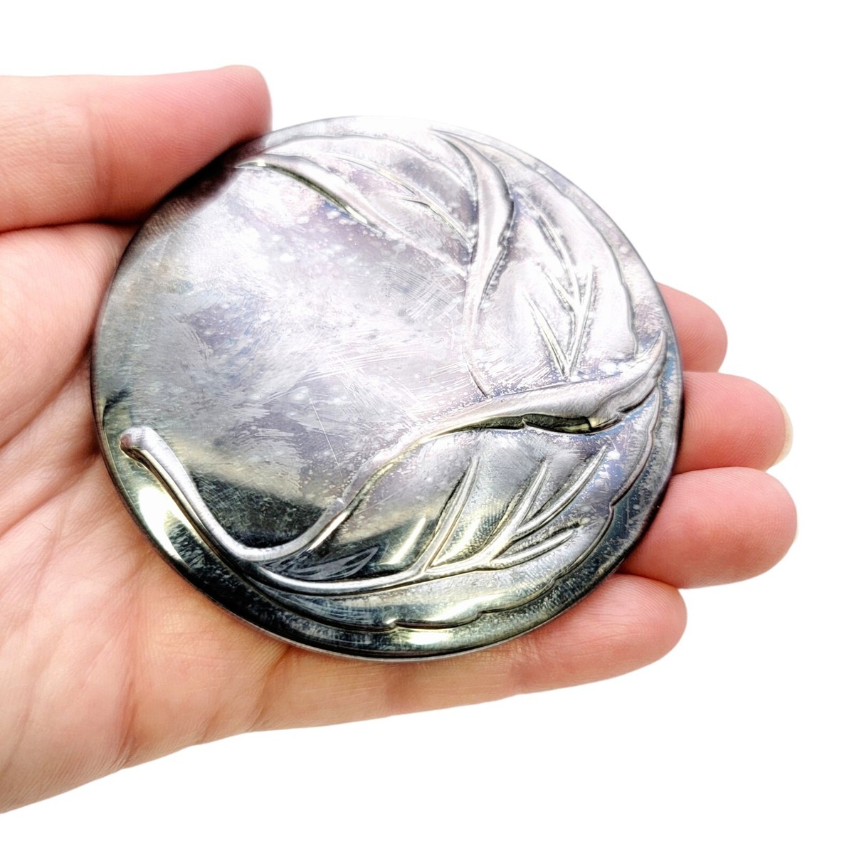 Tiffany & Co. Hand Mirror Polished Silver Plated Compact with Leaf