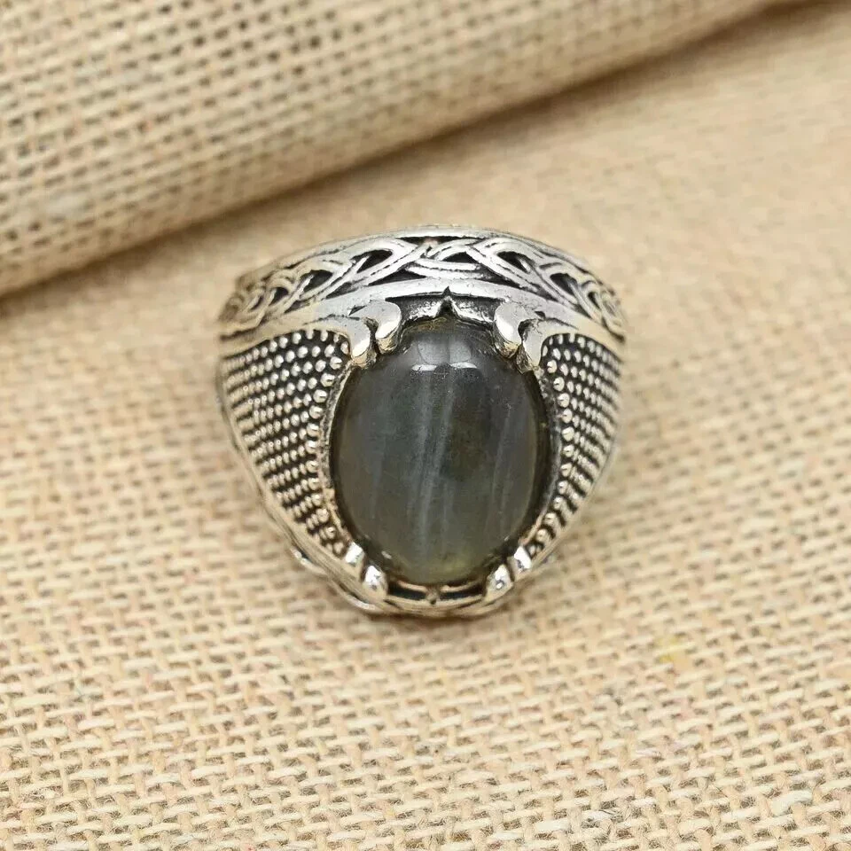 拉长石宝石戒指 925 纯银设计师男式戒指 均码 D63 — 第 3/4 张图片