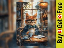 Sophisticated Cat Cafe Watercolor Painting Print 5"x7" on Matte Paper