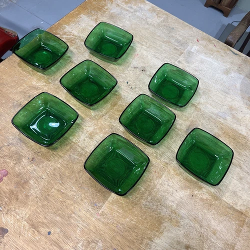 8 Vtg Anchor Hocking Glass Forest Green CHARM Berry Bowls Set 4.75" Square