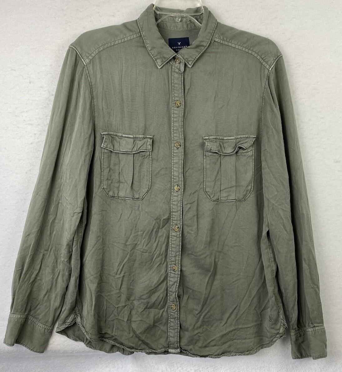 American Eagle Women's Vintage Boyfriend Shirt Sage Green Button