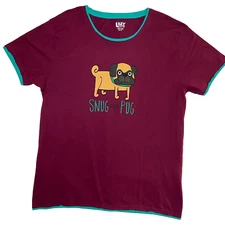 Lazy One Womens Tee Size XL T-Shirt Pajama Top Snug as a Pug Dog Print