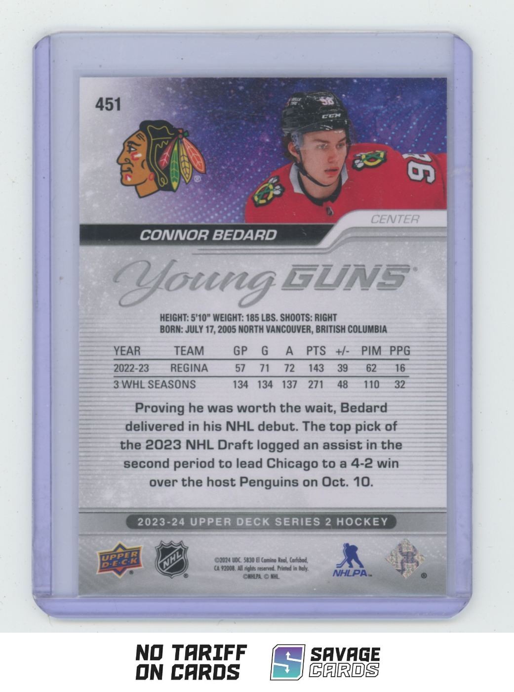 2023-24 Upper Deck Young Guns Connor Bedard #451 Chicago Blackhawks view 2