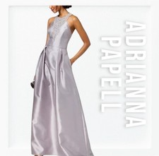 NWT Adrianna Papell Silver A-Line Halter Mikado Ballgown sz 14