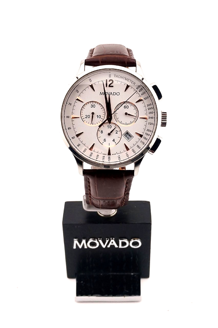 Movado Men's Circa Chrono SS/Wht Dial/RGHands/Brown Leather Strap:#35.1.14.1184