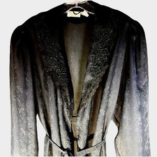 VTG Victoria  s Secret Gold Label Black Robe Med Full Length Lace Jacquard 80s