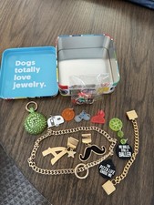HUGE LOT BUNDLE OF DOG TAGS CHARMS GOLD CHAINS IN BOX NEW PIZZA TENNIS GLASSES
