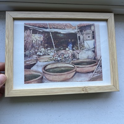 Rahmen Vintage Druck eines idyllischen Kinderzimmers Garten schön Schreibtisch Deko Blumen