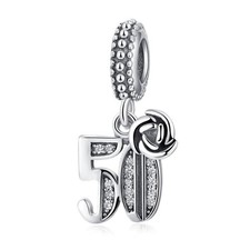 S925 Sterling Silver 50th Birthday Tag Dangle Heart Charm For Bracelet