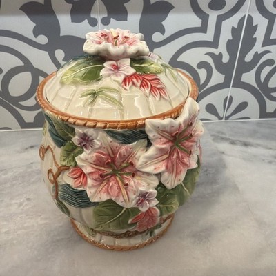 Corner Ruby Botanical Collection 3D Canister Medium Size Floral Birds Lilies NEW