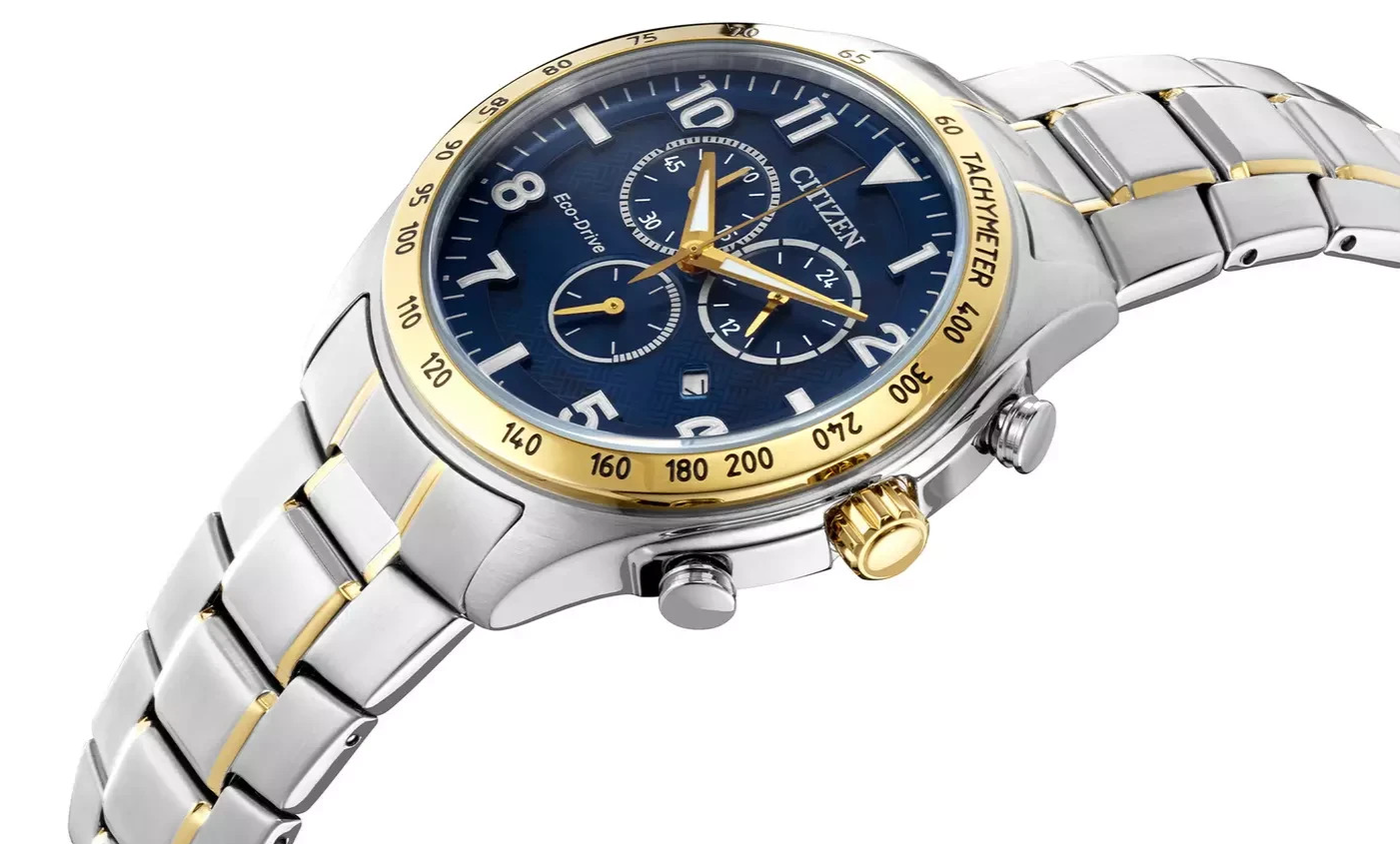 CITIZEN AT2414-51L MENS TWO-TONE CHRONOGRAPH TACHYMETER ECO-DRIVE BLU DIAL WATCH