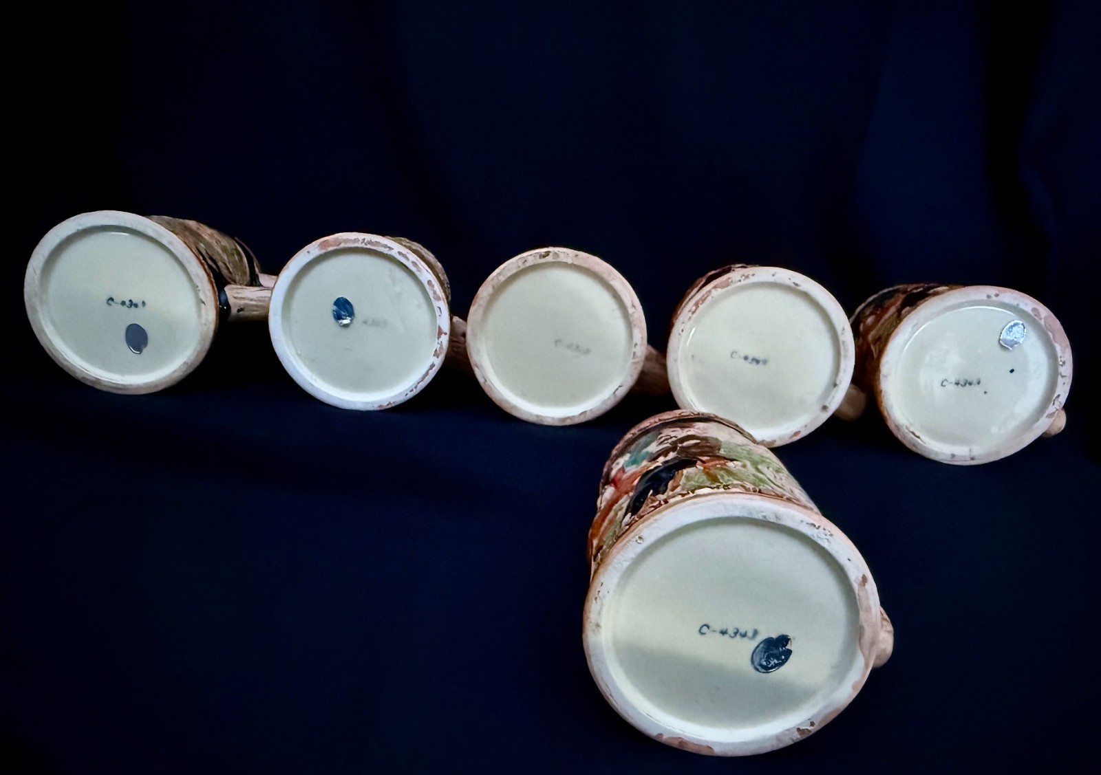 Set of 6 Japanese Beer Mug Steins Mid-20th Century 3 Men Drinking Beer at Table