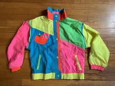 VINTAGE Izzi s Kids Nylon Neon Colorblock Windbreaker Youth L Multicolor 90s