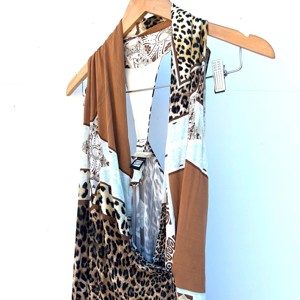 Vintage Roberto Cavalli Y2K Leopard Patchwork Halter Mini Dress 42 Size 8 - Image 4 of 4