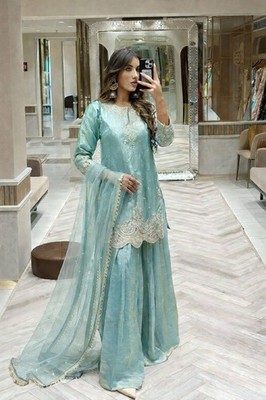 Elegant Designer Silk Kurta Palazzo With Dupatta For Wedding & Party Wear