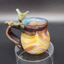 Signed Handblown Art Glass Coffee Mug Brown Milky Swirls Abstract Design By REX