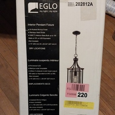 EGLO 202812A Oil Rubbed Bronze Pendant Height-Adjustable 1-Light UL Listed