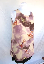 Citron Santa Monica silk crepe tunic XL Cranes on pink+purple 44”B Vintage 90s