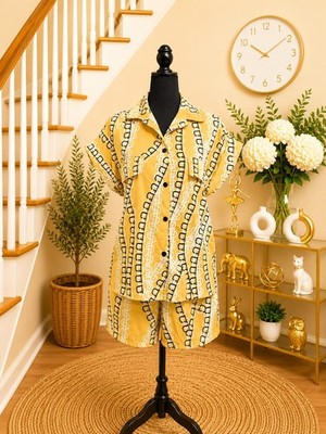 Women s Yellow Geometric 2-Piece Set Button-Up Shirt & Shorts Polyester