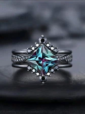 3pcs Black Colored Zinc Blue Purple CZ Ring Set Size 10