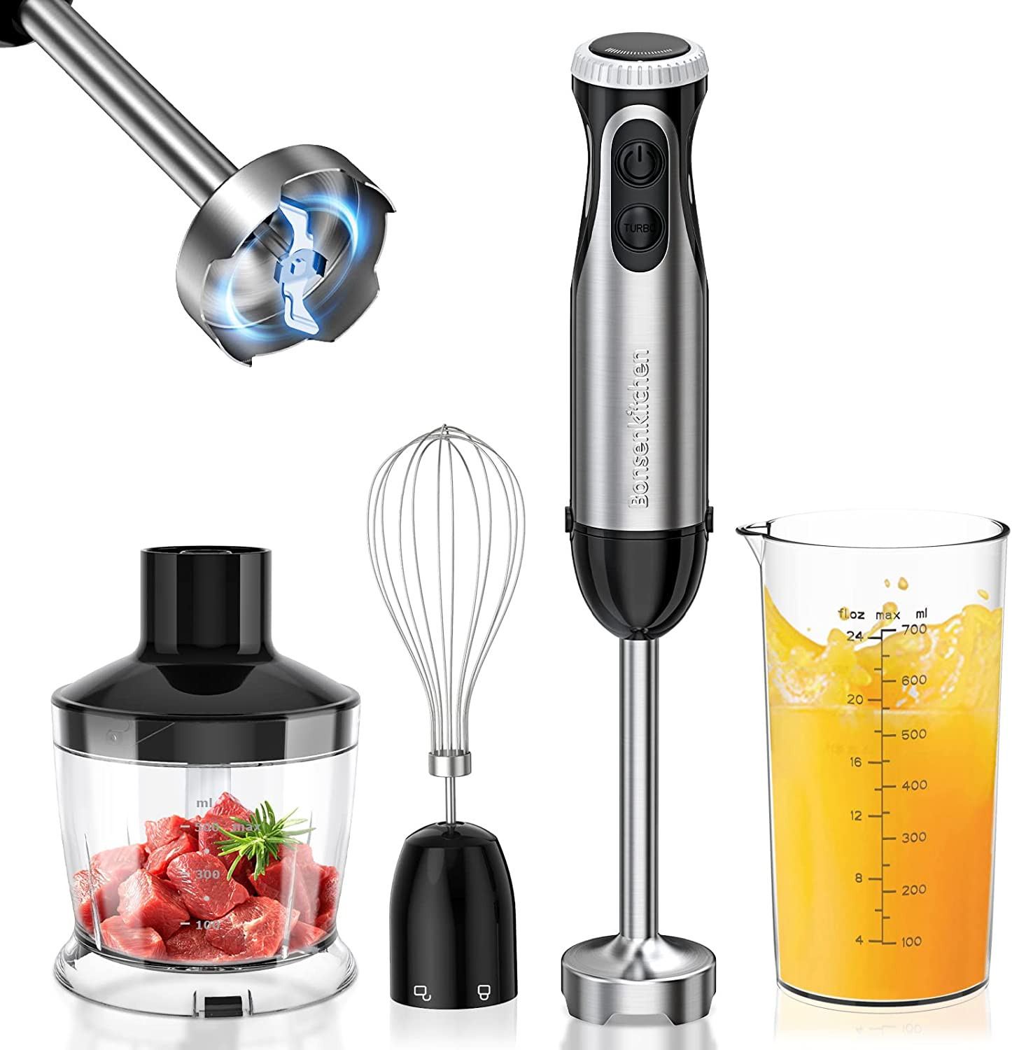 Mixeur plongeant 4-en-1 1000W en inox avec fouet et hachoir noir